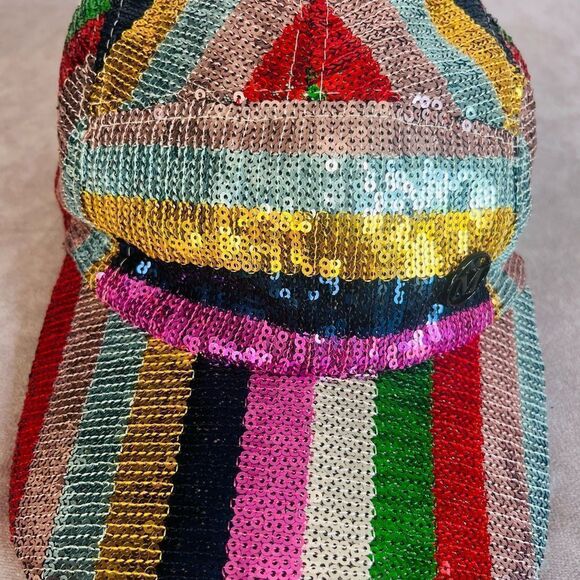 Maison Michel Paris Stripe Rainbow Colorful Nell Sequin Hat Baseball Cap M - Picture 3 of 11
